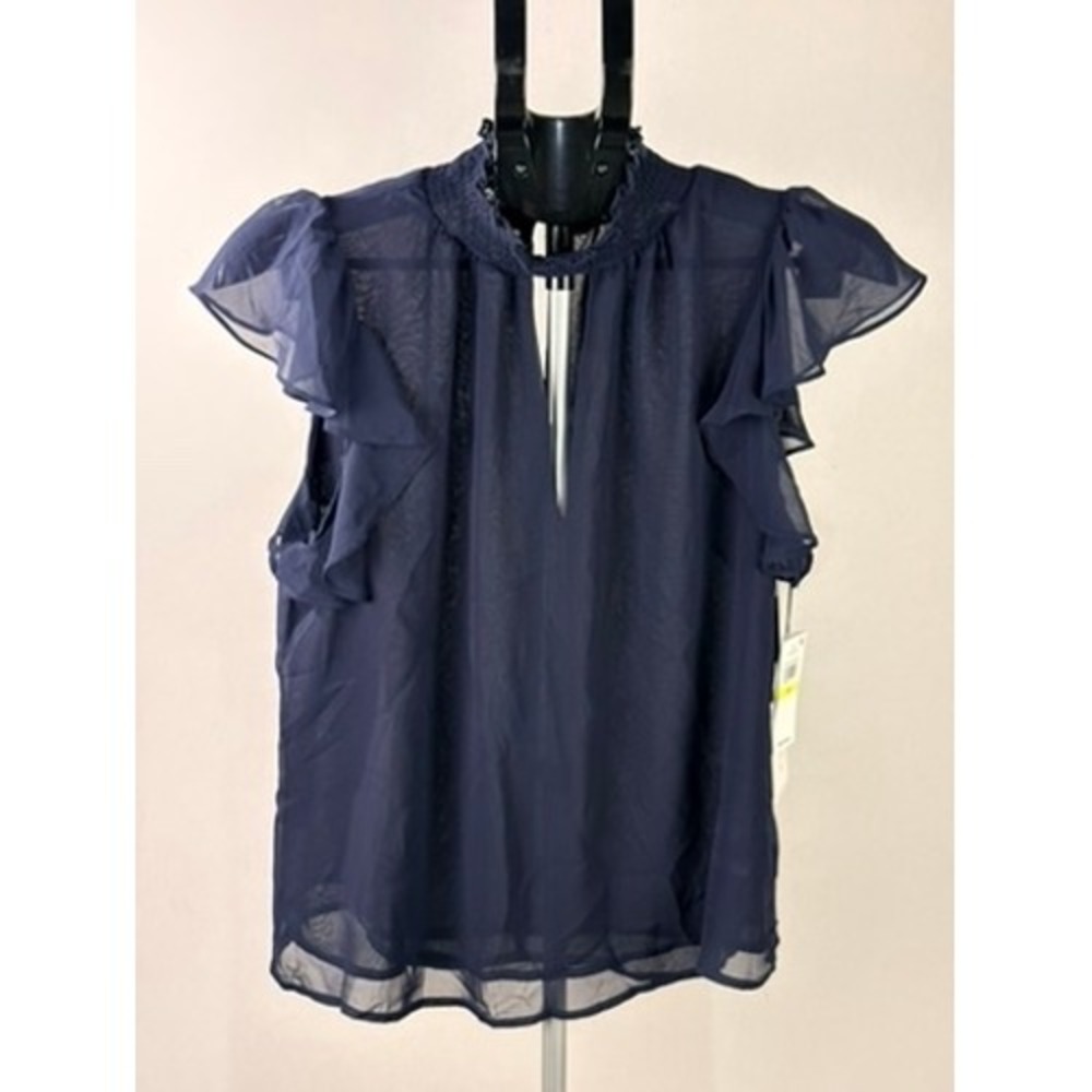 1.STATE Navy Blue Smocked High Neck Ruffle Sleeve Keyhole Blouse Size M NEW
